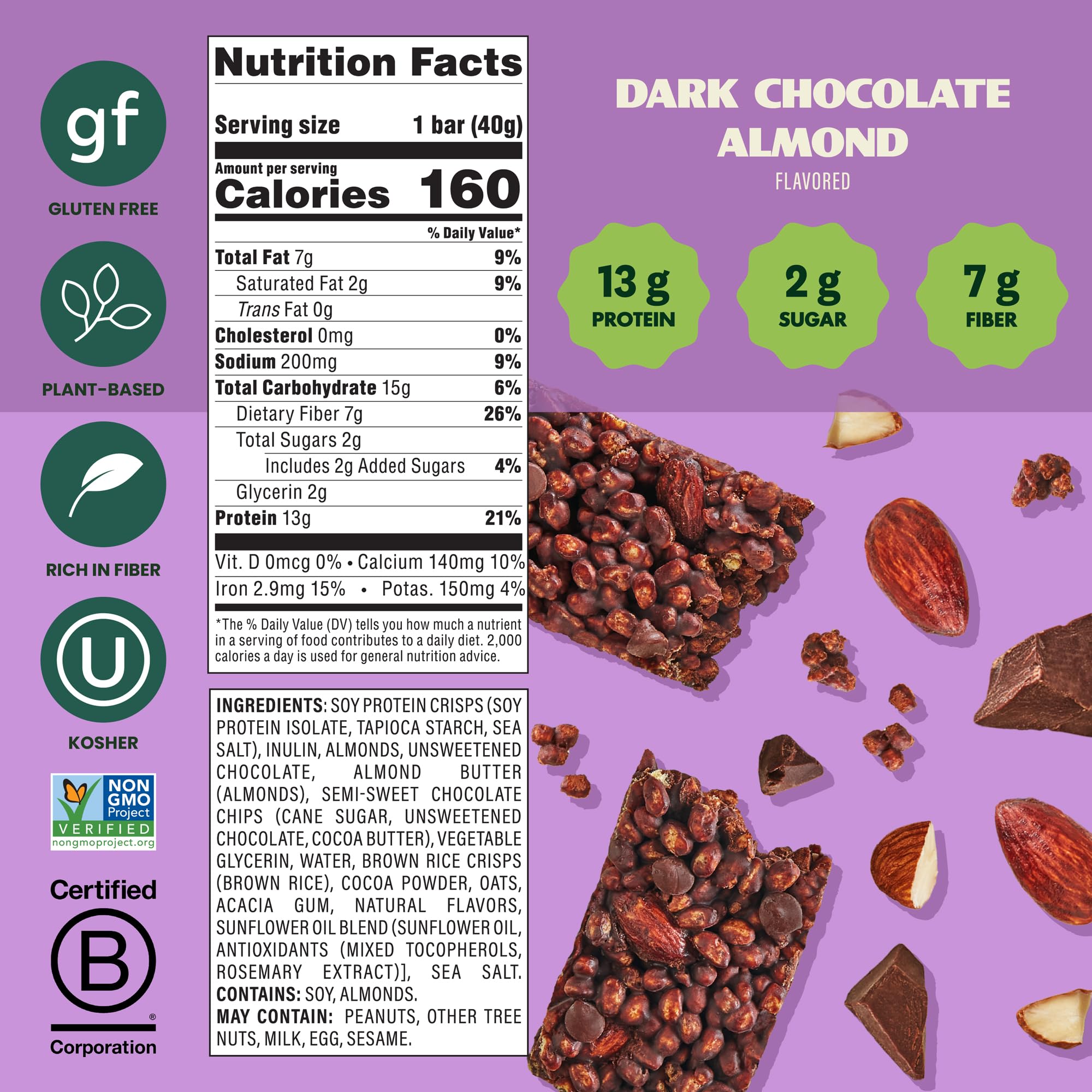 Simply Protein dark chocolate almond crispy bar break-open showing its light crispy texture