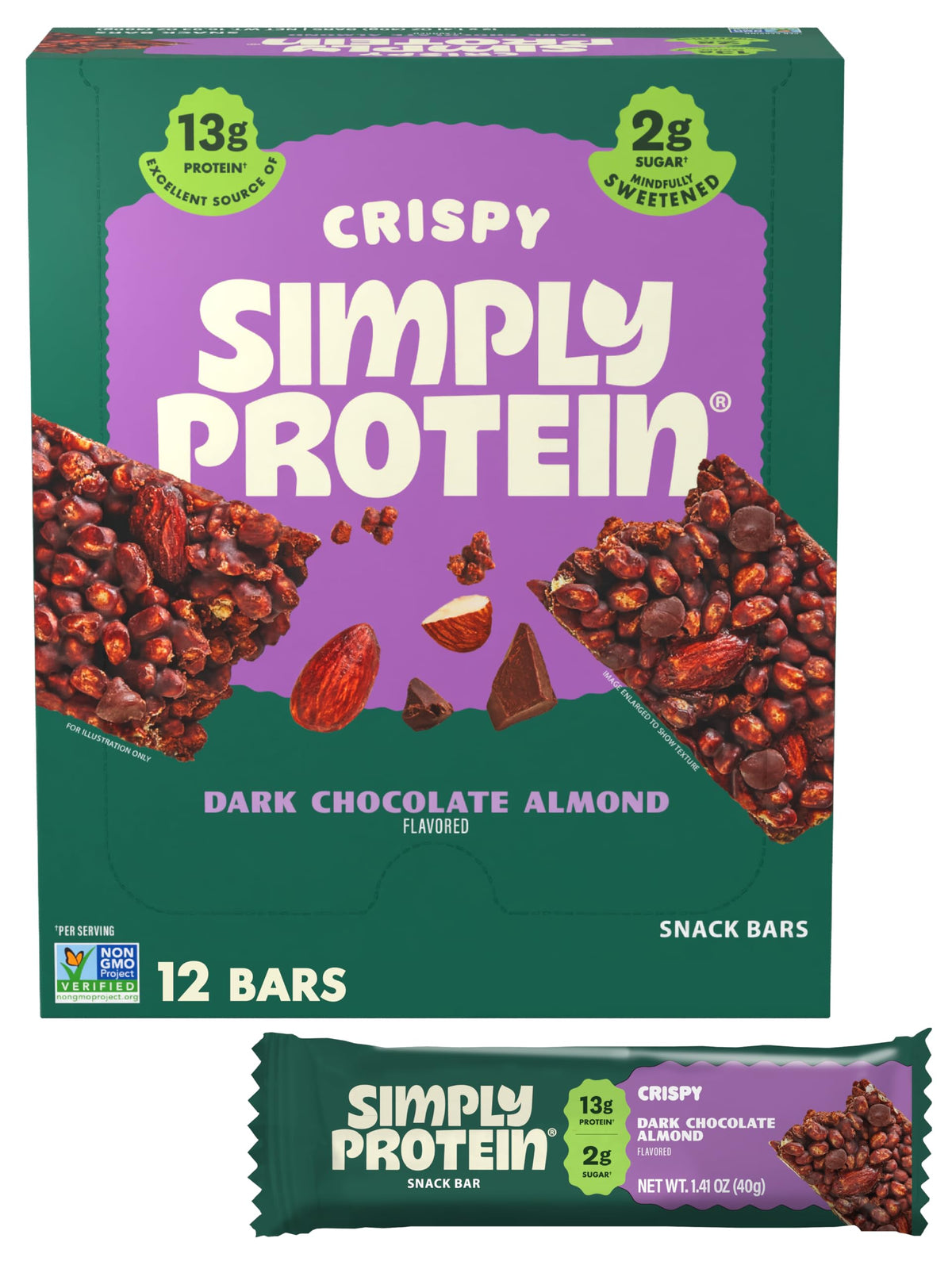 Simply Protein dark chocolate almond crispy bar on-pack for on-the-go energy