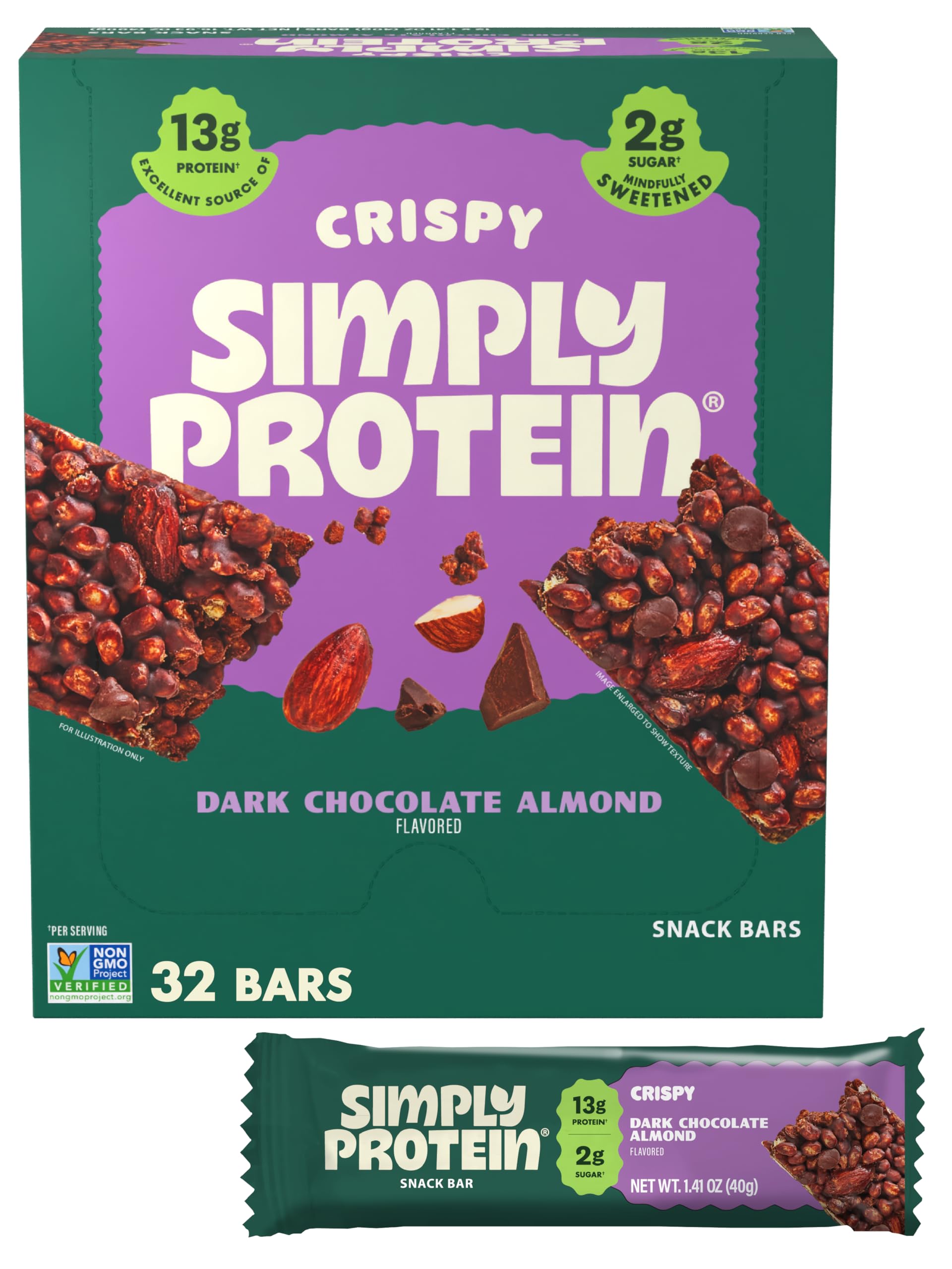 Simply Protein dark chocolate almond crispy bar packshot for a convenient protein boost
