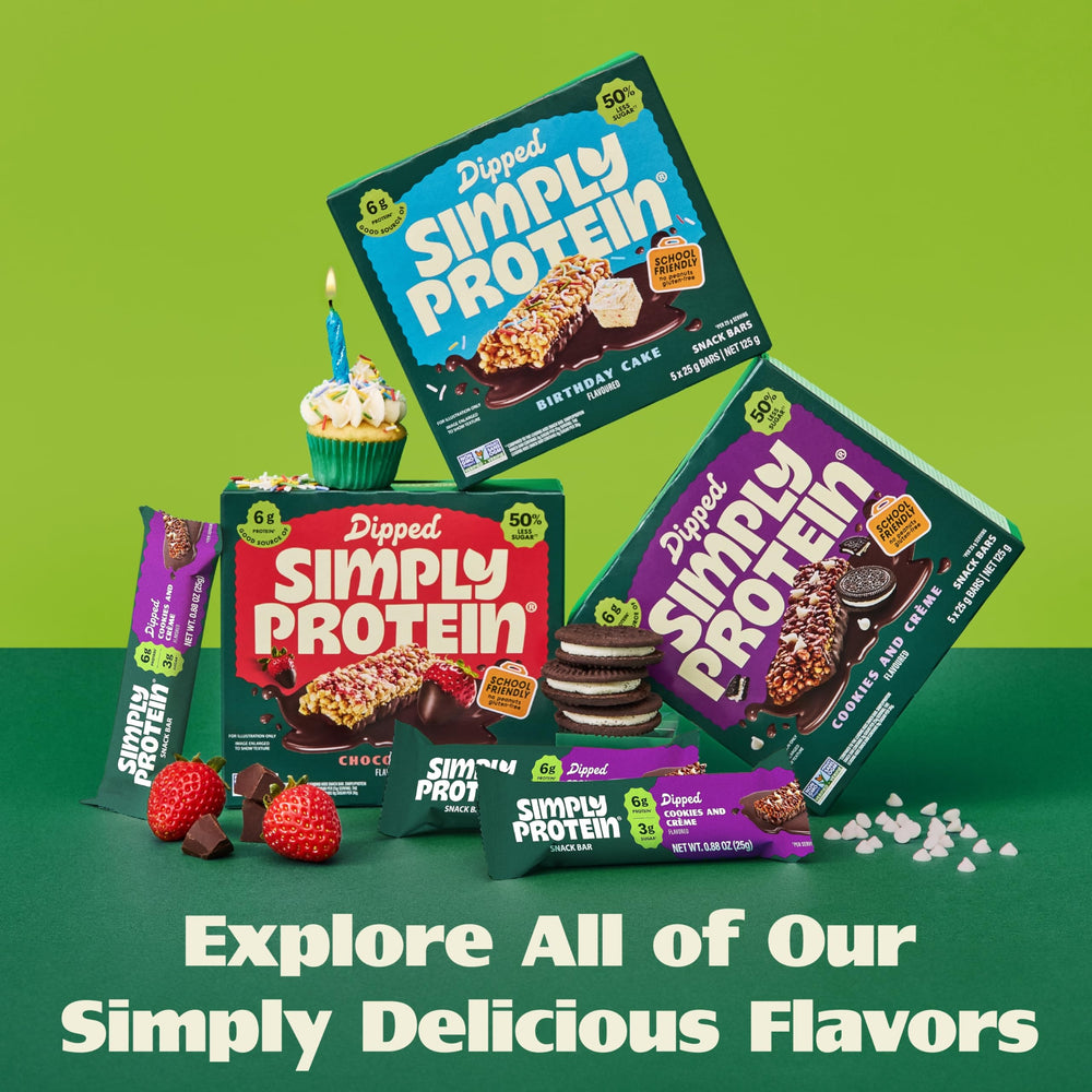 Peanut-free label on Simply Protein Dipped Bars packaging for safety.