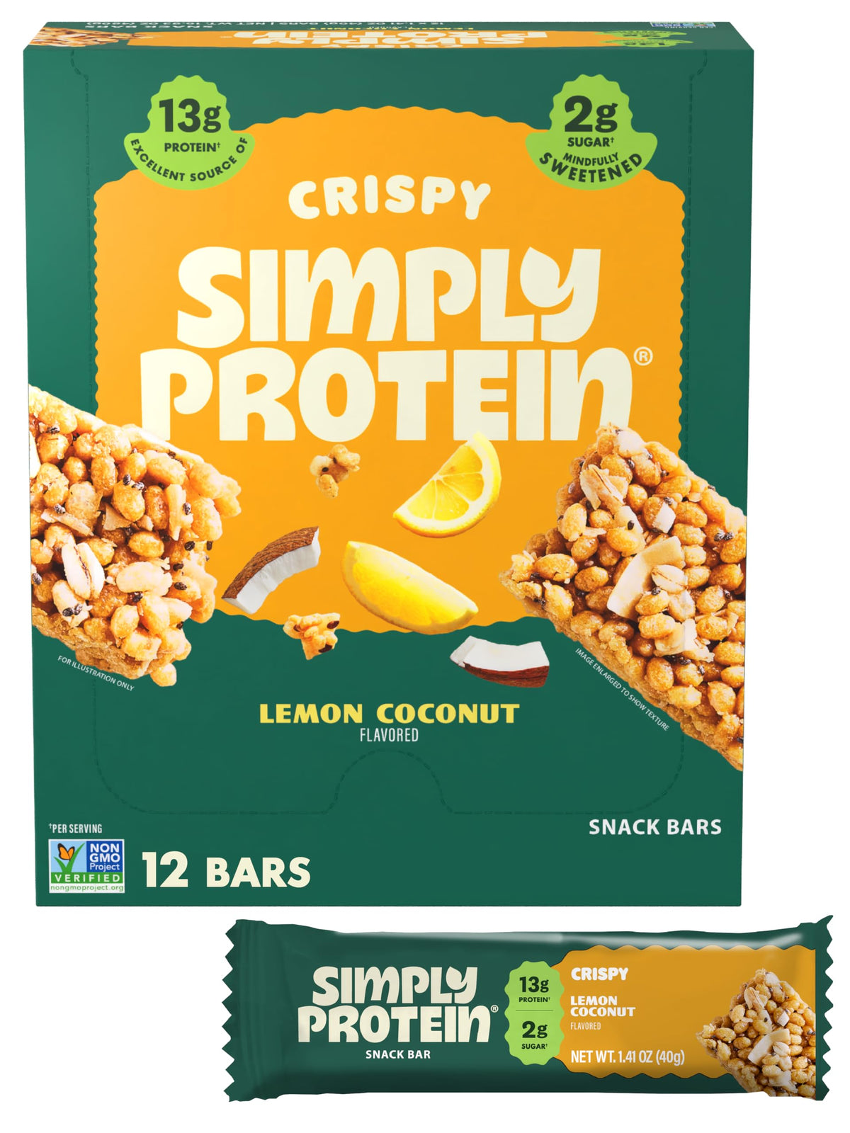 Simply Protein Lemon Coconut Crispy Bars packaging shown, ideal for on-the-go protein boost.
