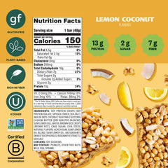 Simply Protein Lemon Coconut Crispy Bar cross-section reveals coconut crunch and lemon zest.