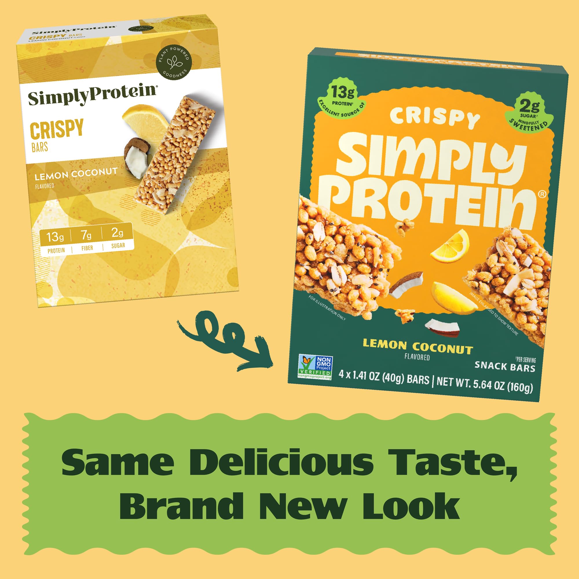 Simply Protein Lemon Coconut Crispy Bar texture close-up shows zest pieces.