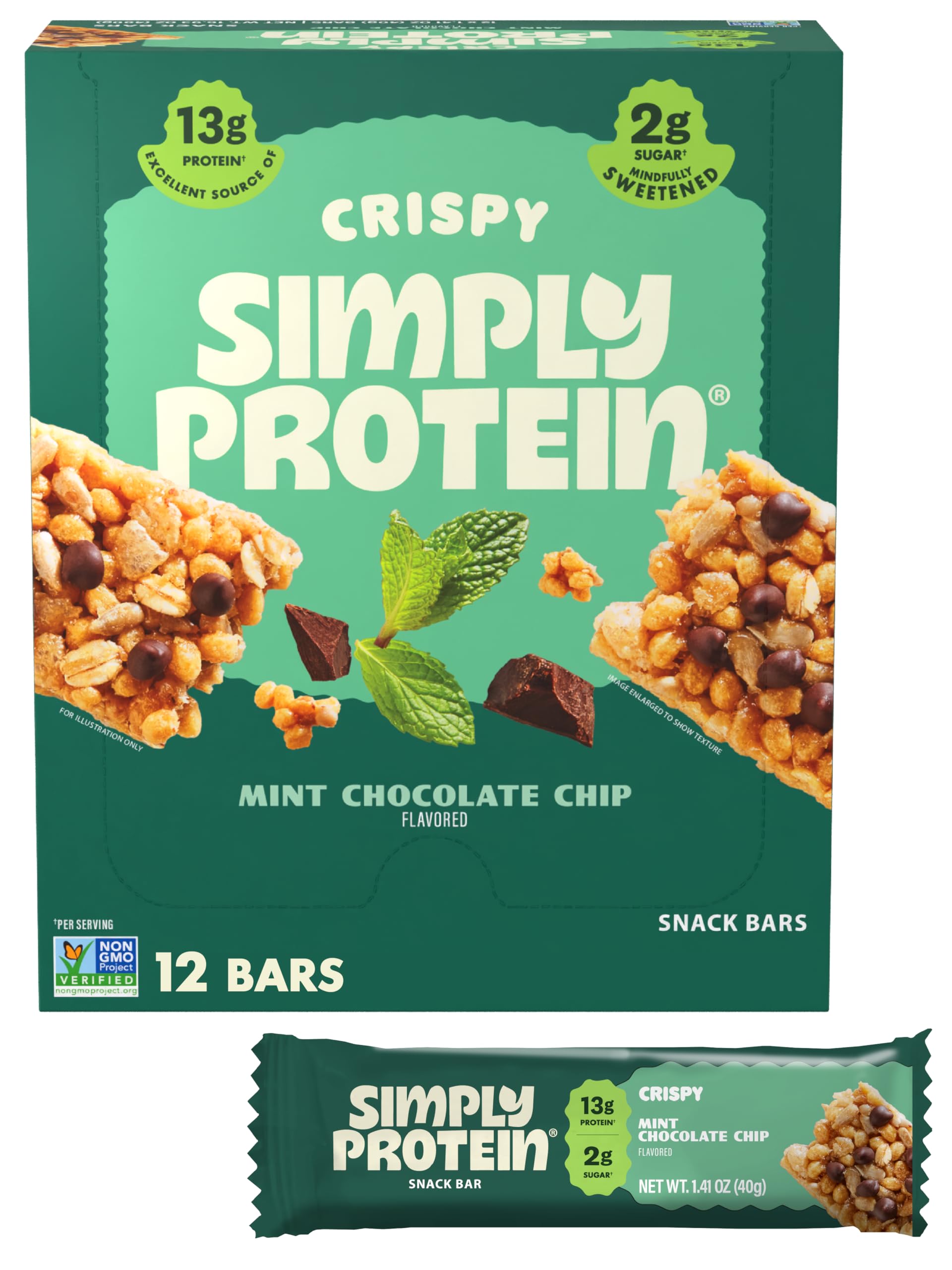 Simply Protein Mint Chocolate Chip Crispy Bar packaging for on-the-go fueling.