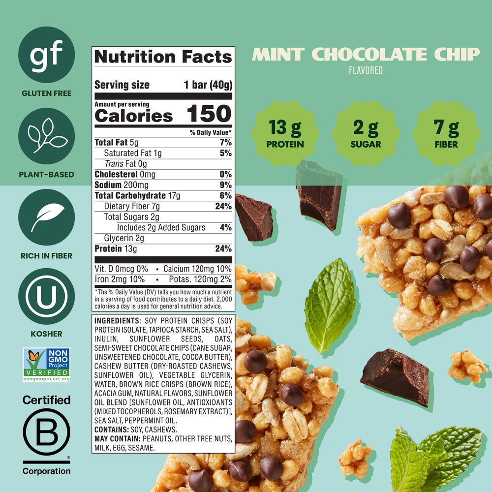 Simply Protein Mint Chocolate Chip Crispy Bar wrapped for a quick minty snack.