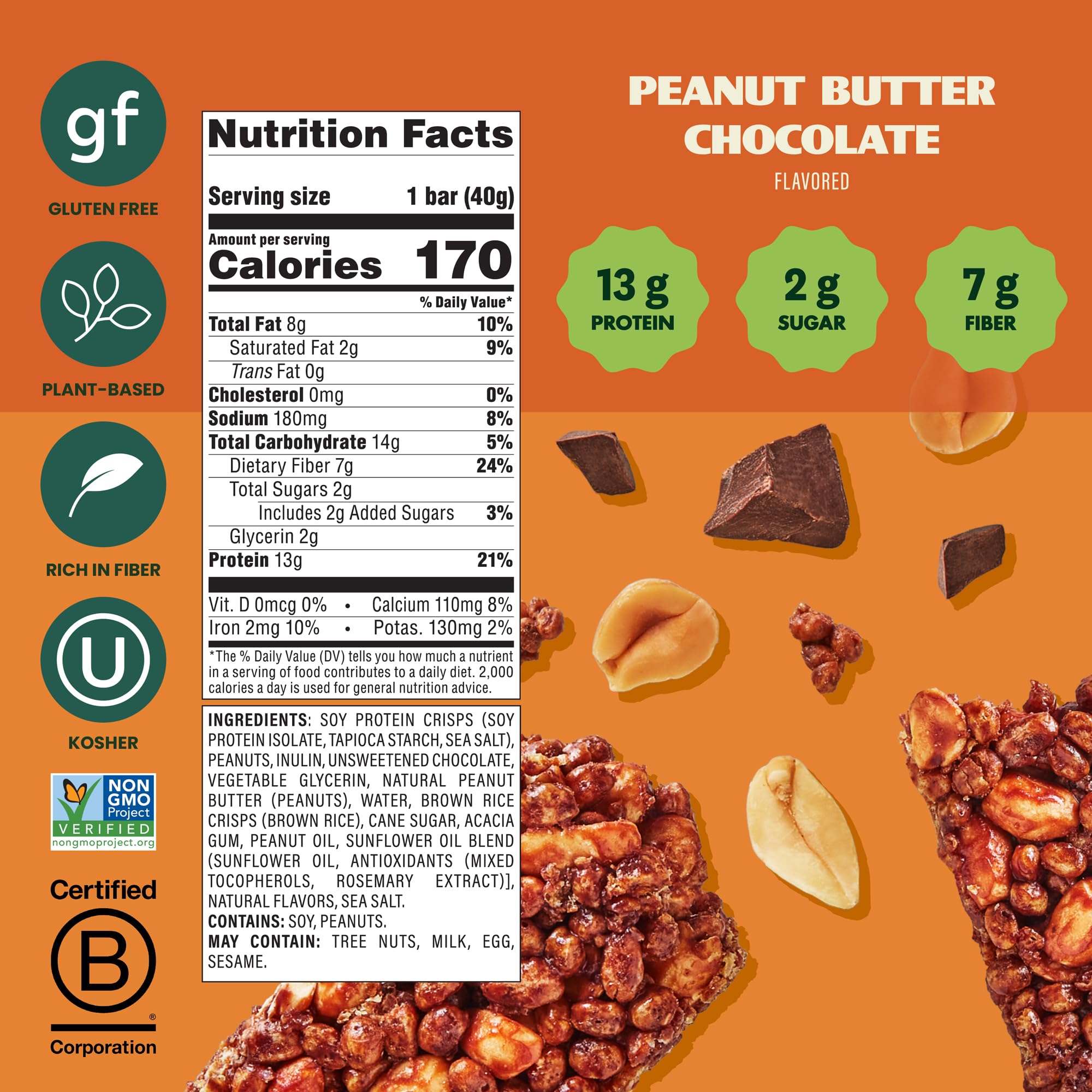 Close-up of Simply Protein Crispy Bar showing peanut butter and chocolate texture