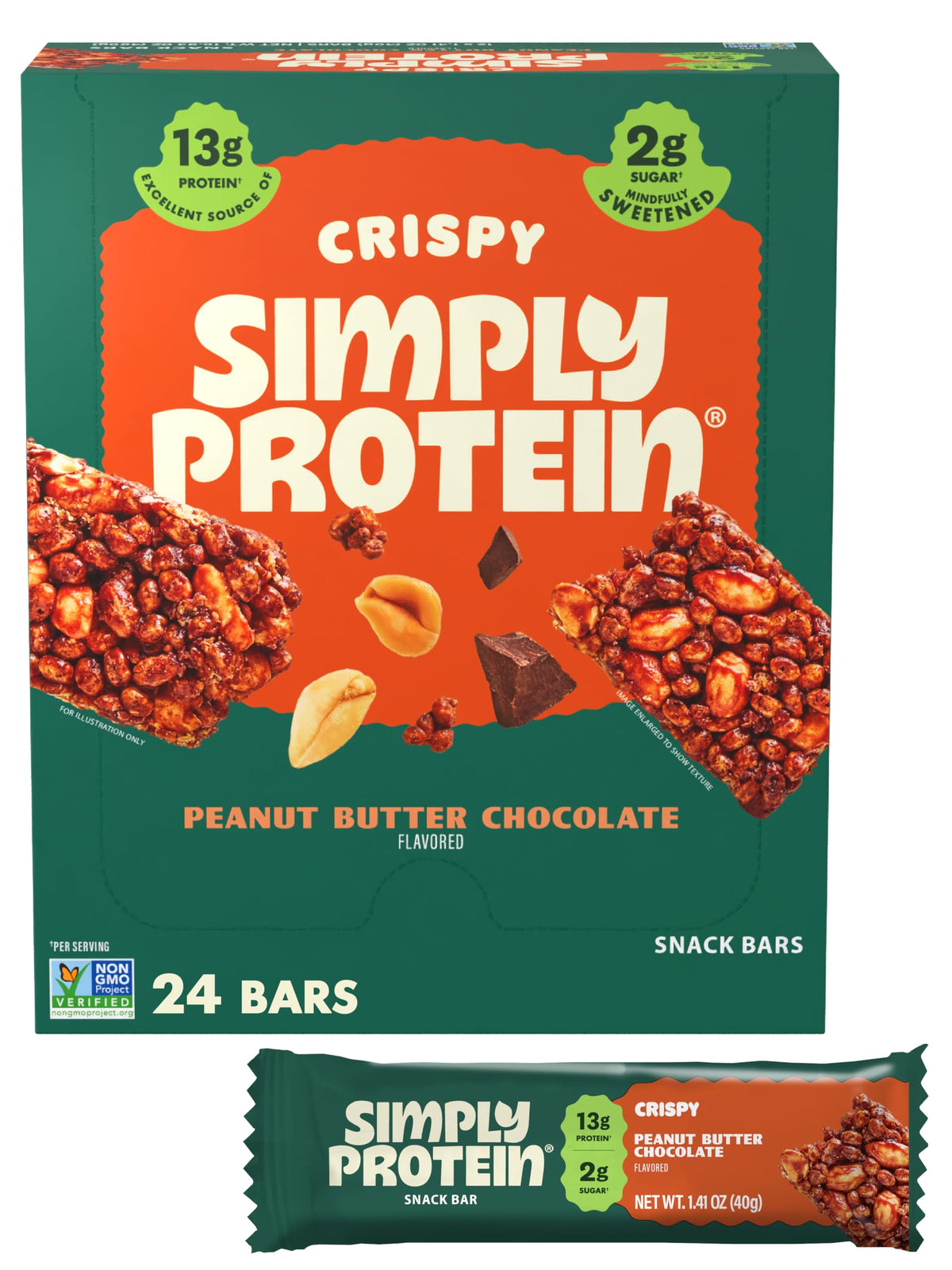 Simply Protein Peanut Butter Chocolate Crispy Bar individually wrapped for on-the-go energy