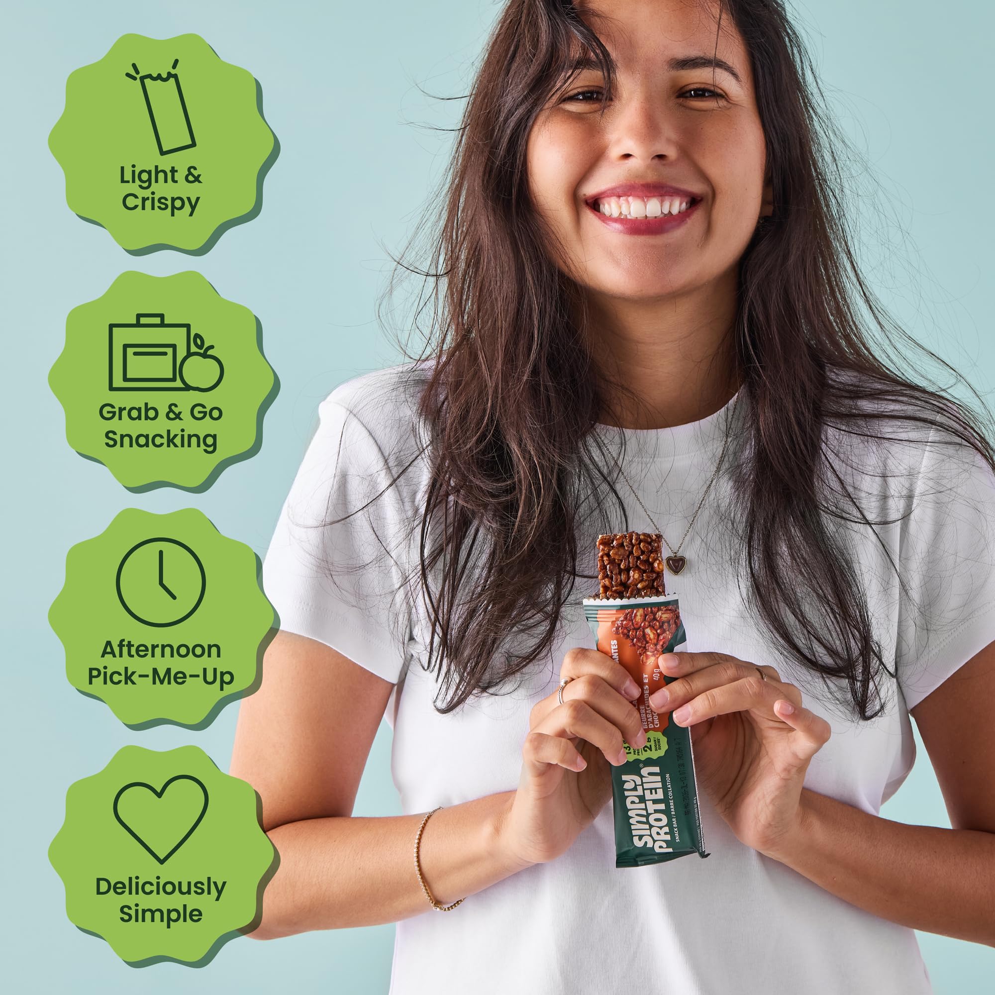 Nutrition panel shows 13g protein and 2g sugar per bar.