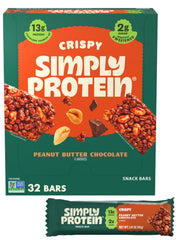 Simply Protein Peanut Butter Chocolate Crispy Bars pack front, a protein-packed snack for busy days.