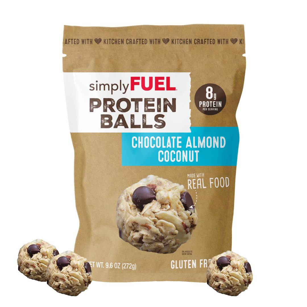 simplyFUEL protein balls packaging highlights gluten-free oats for on-the-go energy.