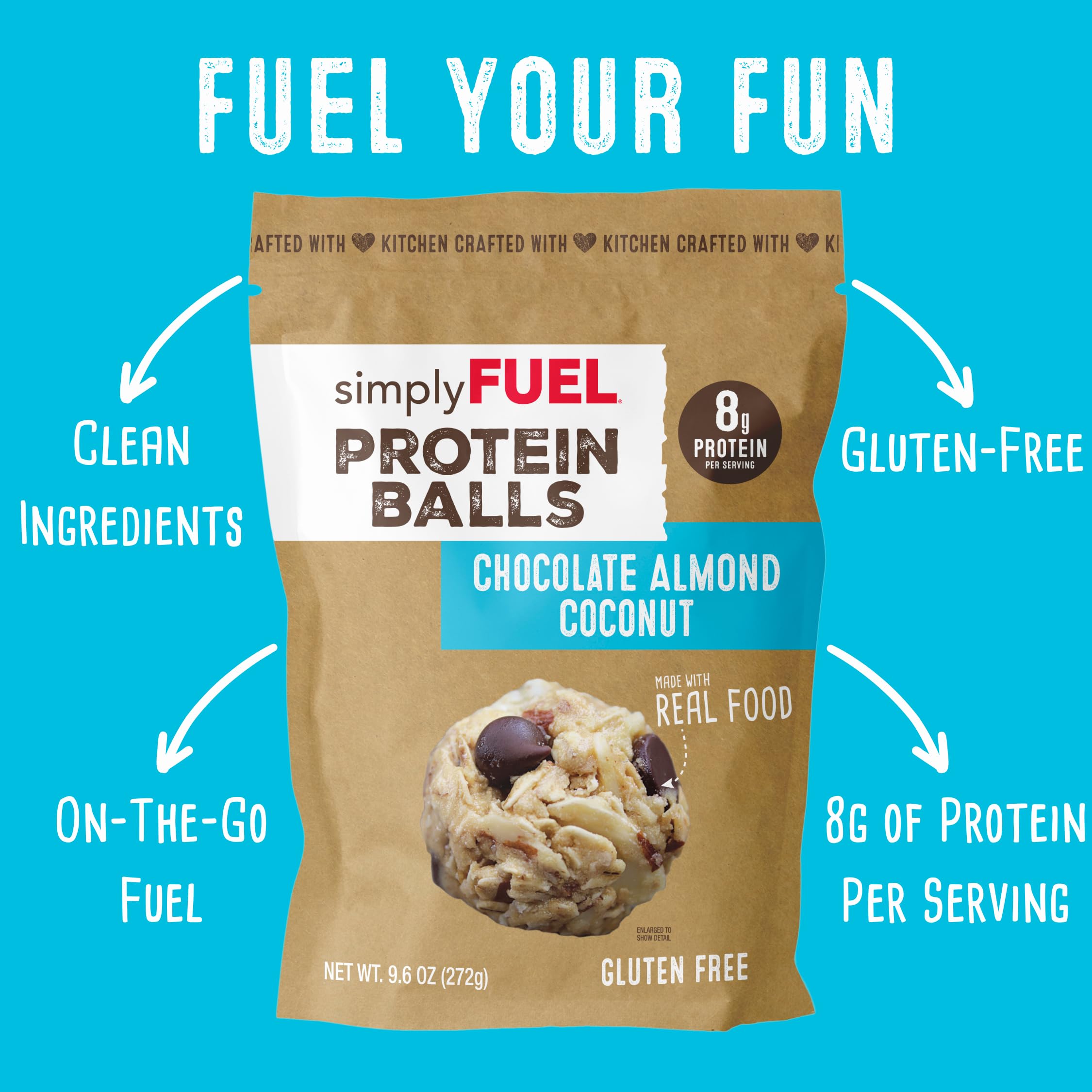 simplyFUEL protein balls on-the-go serve demonstrates convenient portable snack.