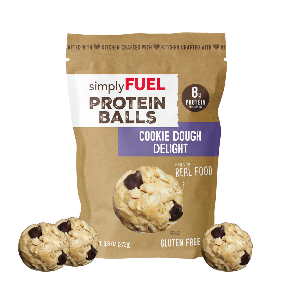 SimplyFUEL Protein Balls Cookie Dough Delight packaging in a resealable pouch for convenient snacking