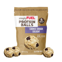 SimplyFUEL Protein Balls Cookie Dough Delight packaging in a resealable pouch for convenient snacking