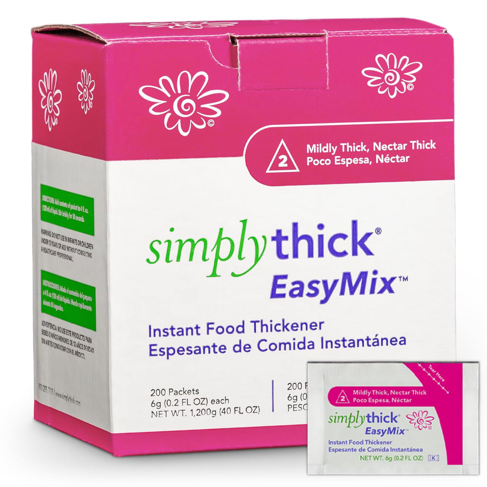 SimplyThick EasyMix bottle pour demonstrates fast thickening for nectar consistency in beverages.