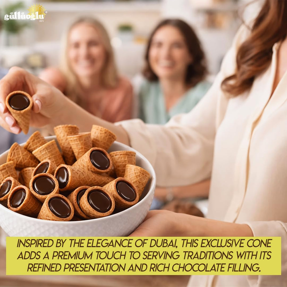 Pistachio-kunafa texture highlighted in Dubai chocolate cone by Since 1871 Gulluoglu.