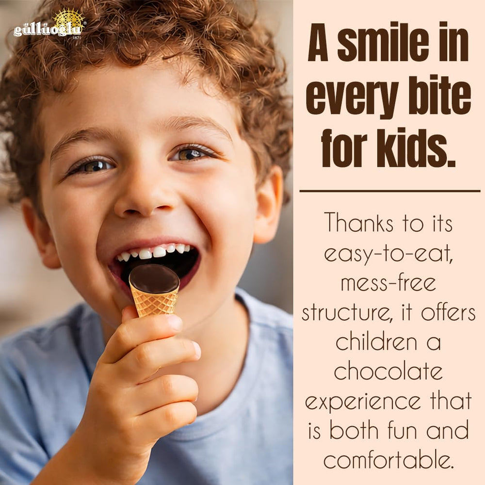 Vacuum-sealed packaging preserves freshness of Since 1871 Gulluoglu chocolate cones.