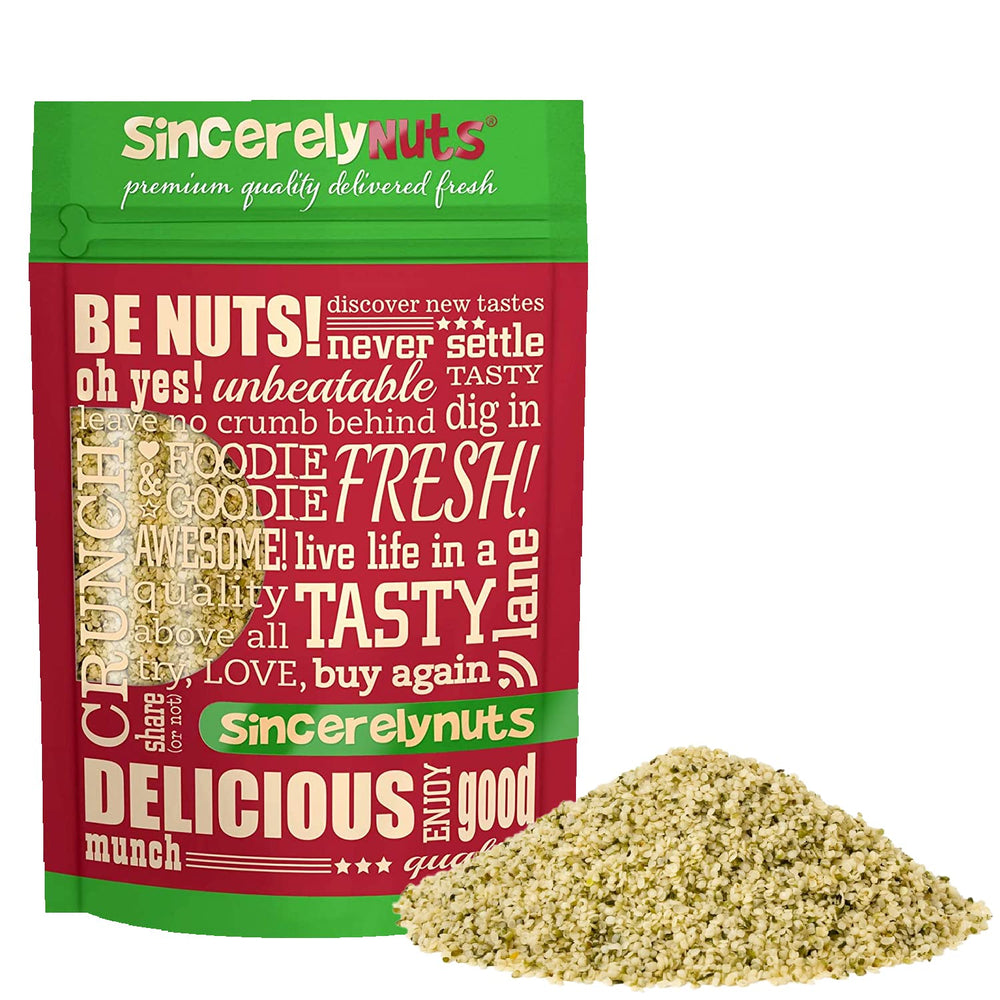 Sincerely Nuts hulled hemp seeds bag front highlighting premium protein source