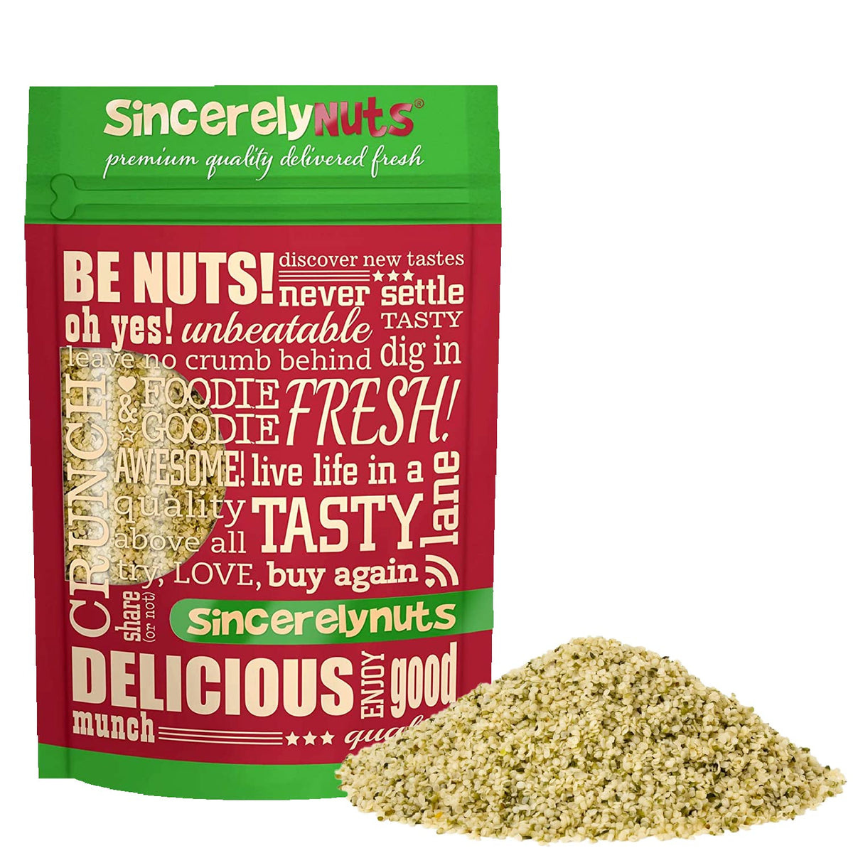 Sincerely Nuts hulled hemp seeds bag front highlighting premium protein source