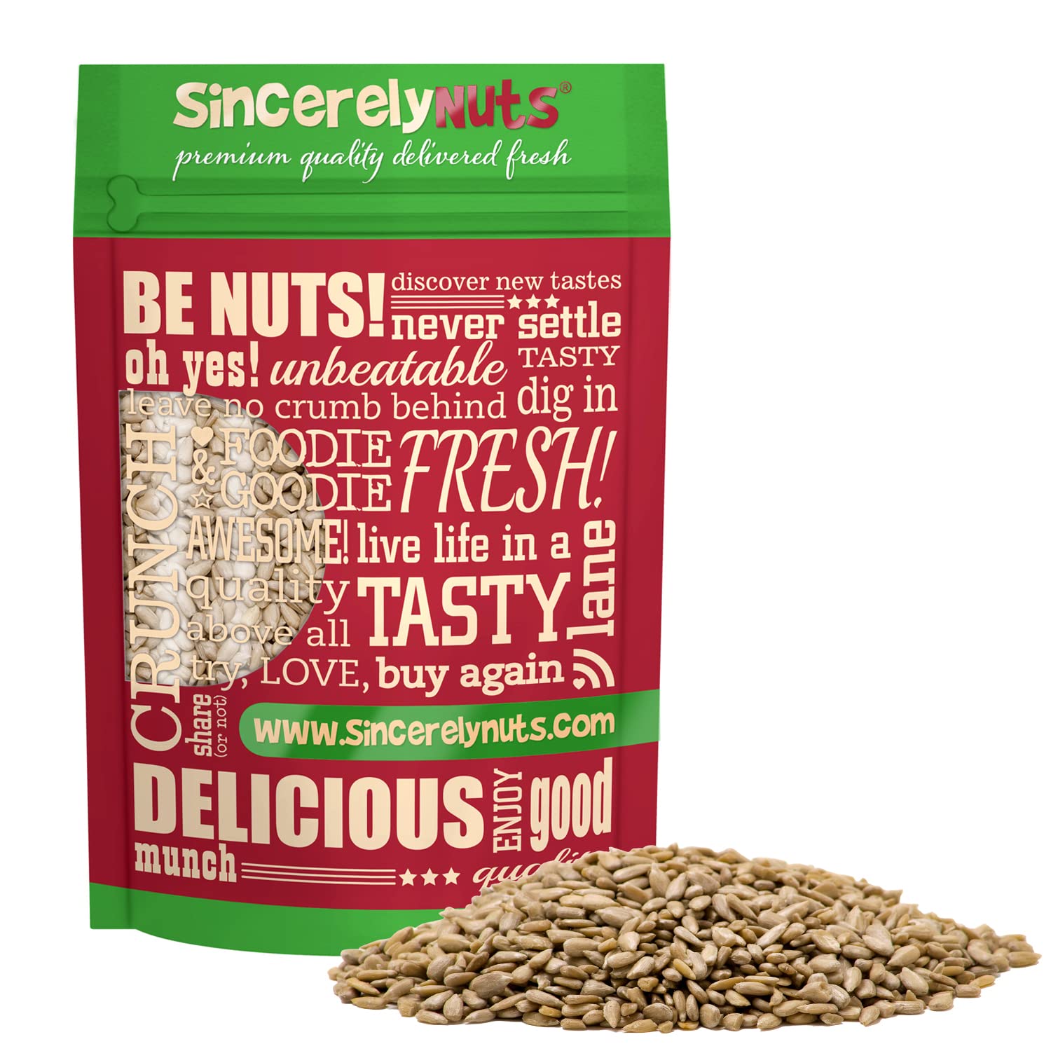 Sincerely Nuts raw sunflower seed kernels on 3lb bag front highlighting premium, unroasted quality.