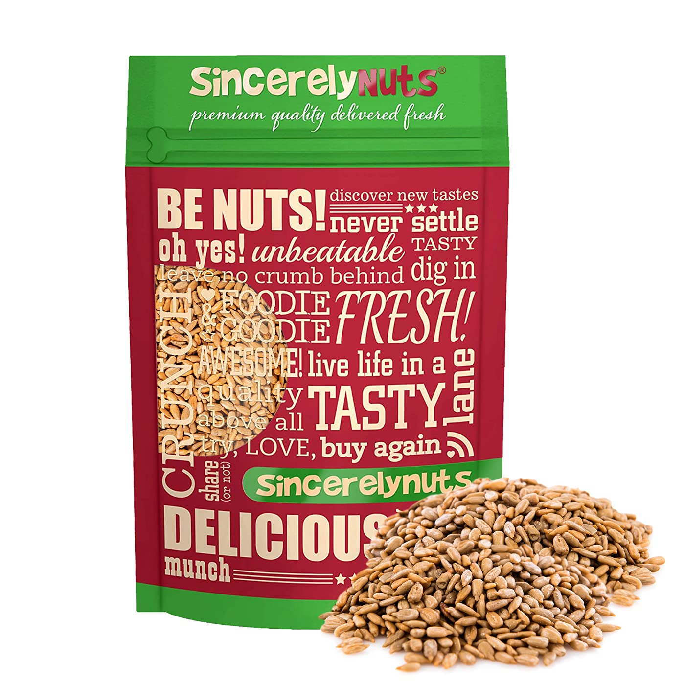 Sincerely Nuts roasted and salted hulled sunflower seeds bag, ready to snack.