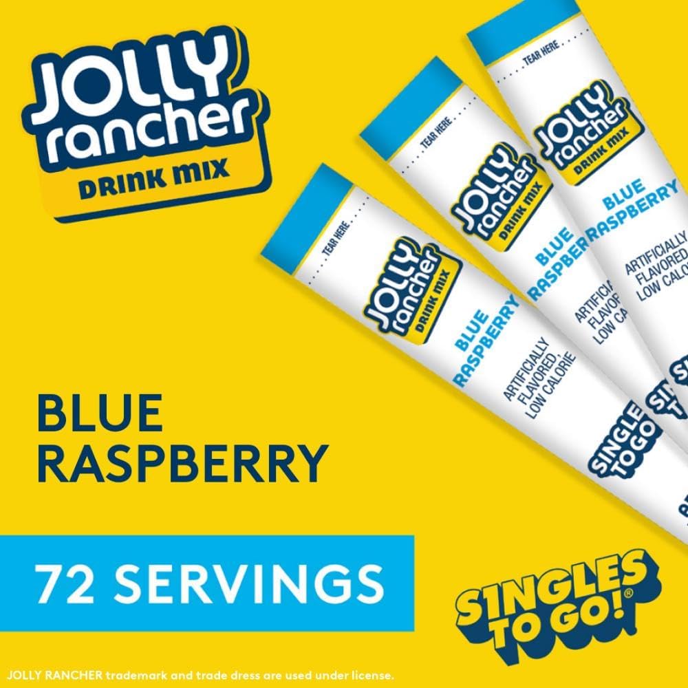 SINGLES TO GO blue raspberry travel-friendly packets beside water bottle.
