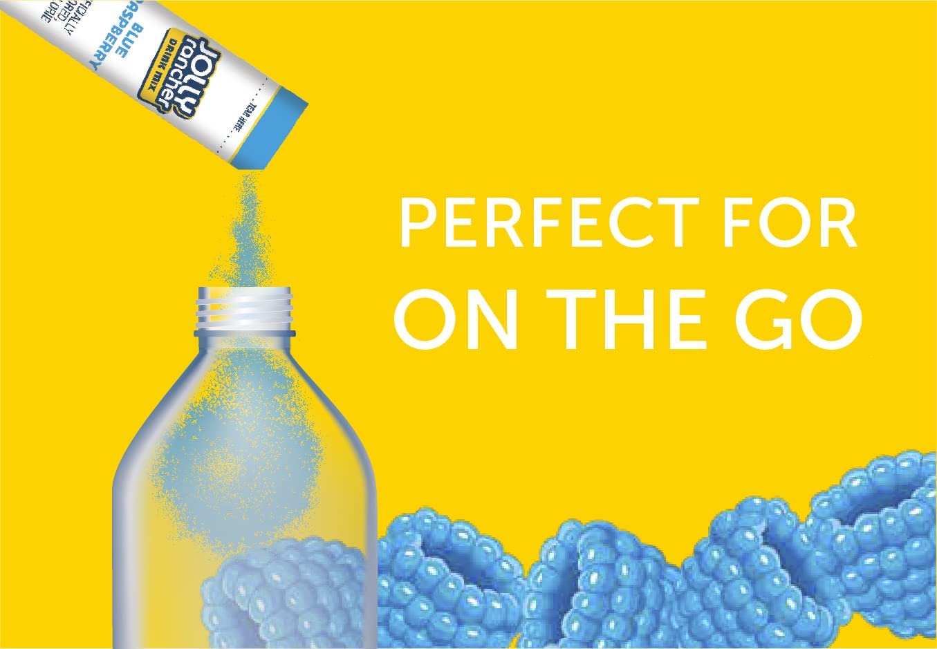 SINGLES TO GO blue raspberry packet open near water bottle.