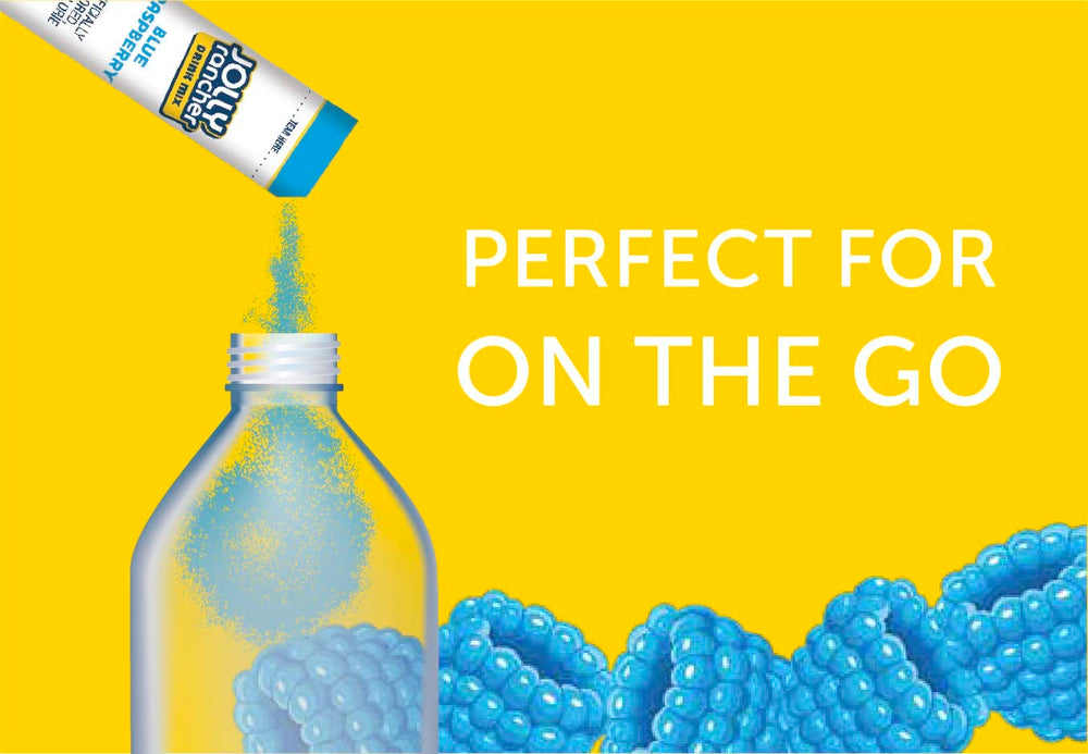 SINGLES TO GO blue raspberry packet open near water bottle.