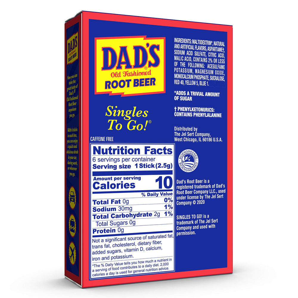Box of Dad's Root Beer Singles to Go, 12 sticks, convenient bulk.
