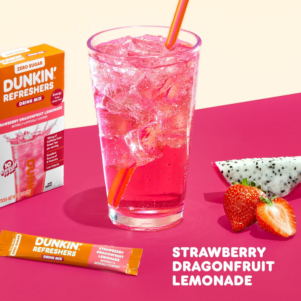 Open Dunkin Refreshers packet ready to pour into water.