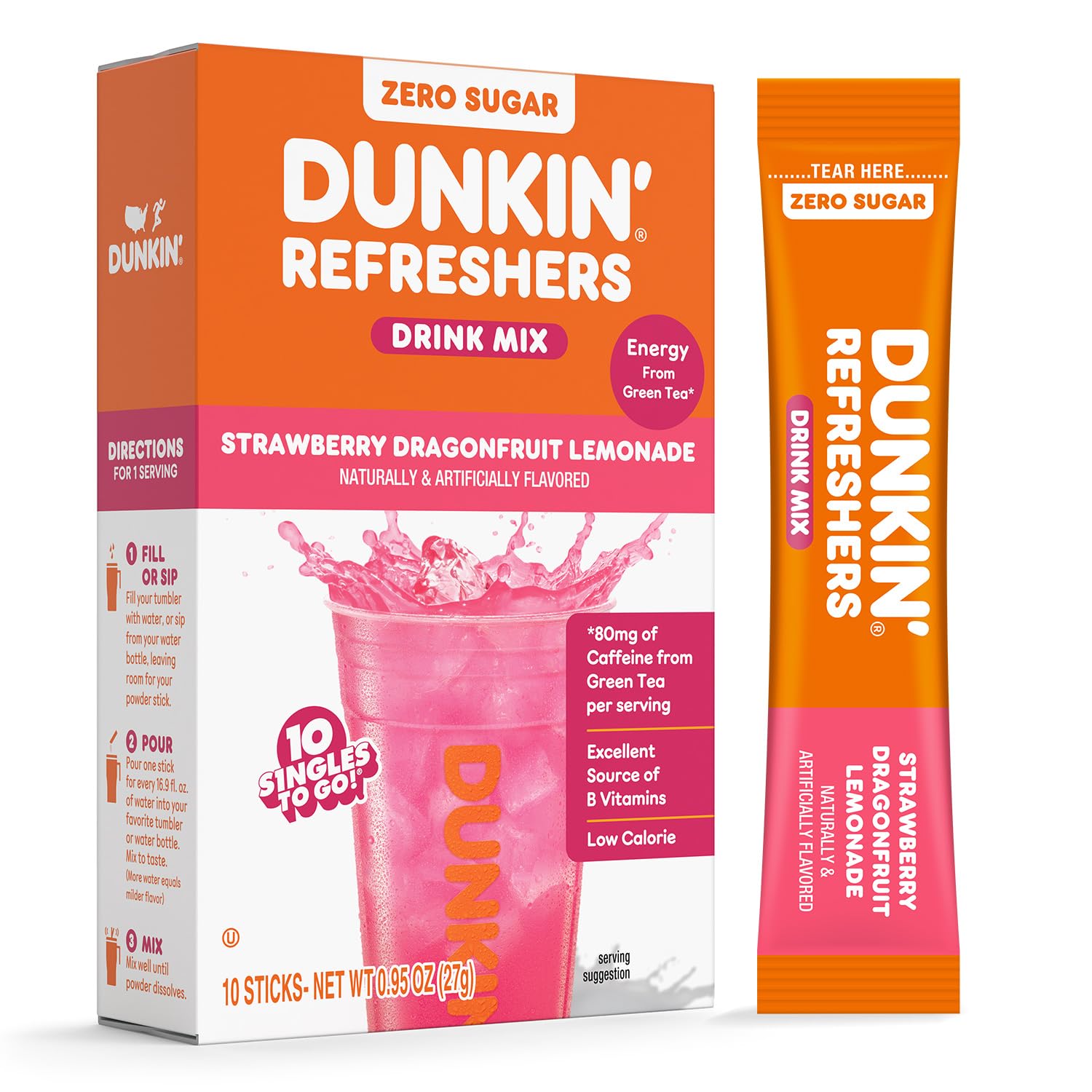 Dunkin Refreshers Singles To Go! packet ready to mix for on-the-go flavor.