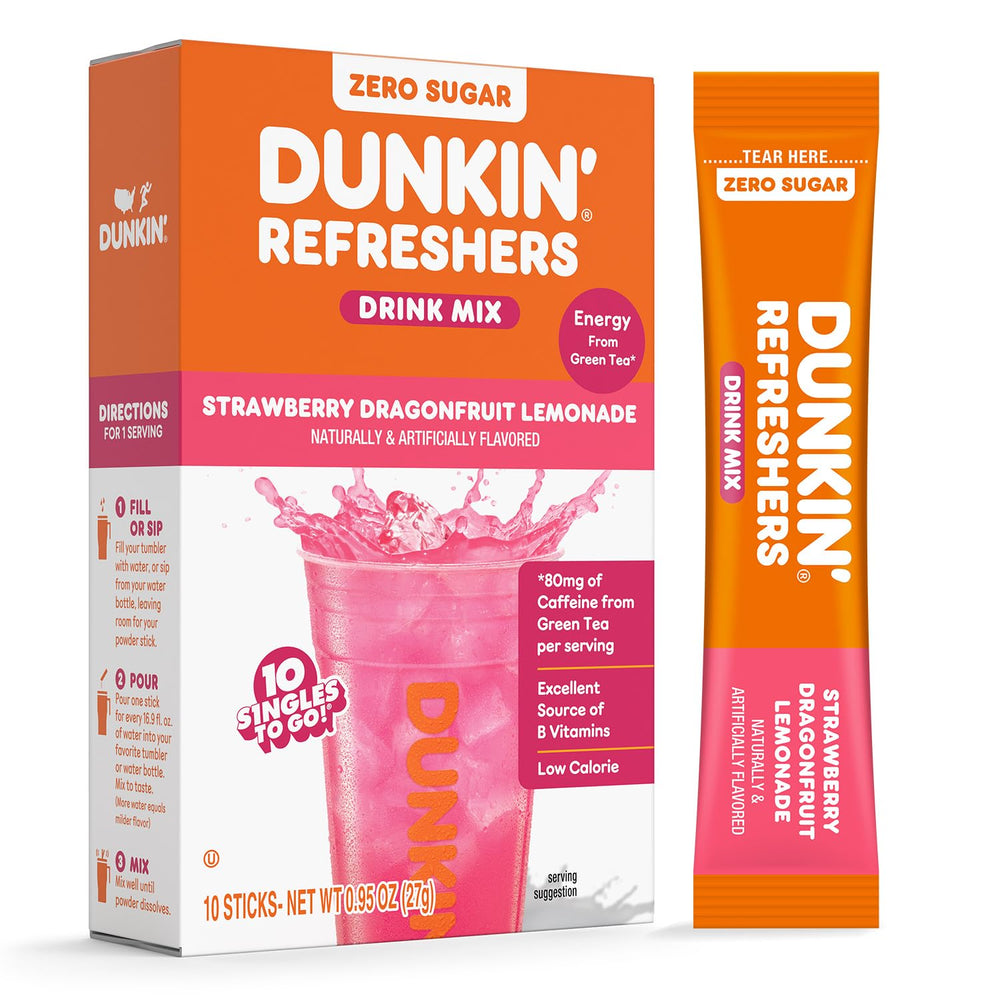 Dunkin Refreshers Singles To Go! packet ready to mix for on-the-go flavor.