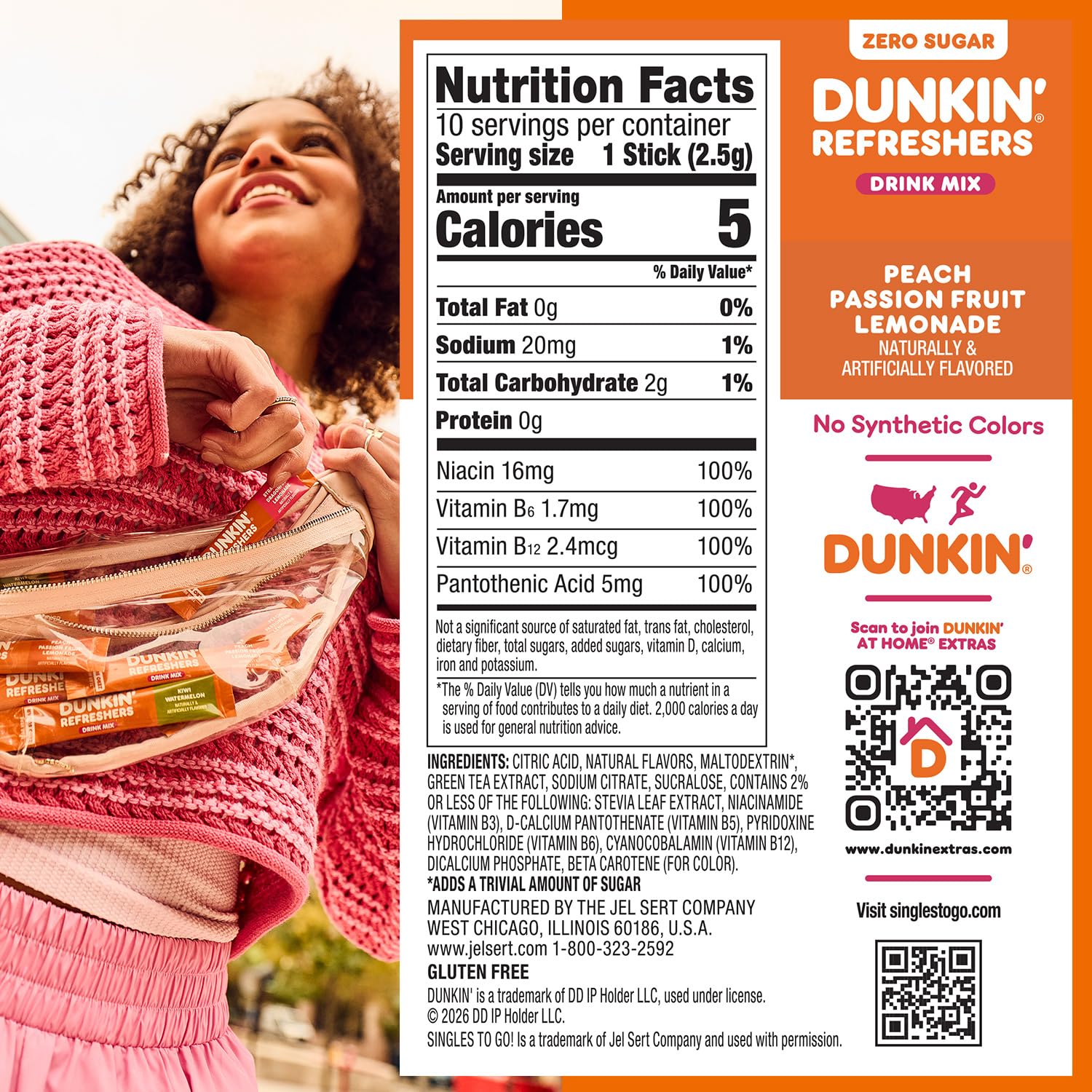 SINGLES TO GO Dunkin Refreshers Peach Passionfruit Lemonade packet dissolves quickly in water