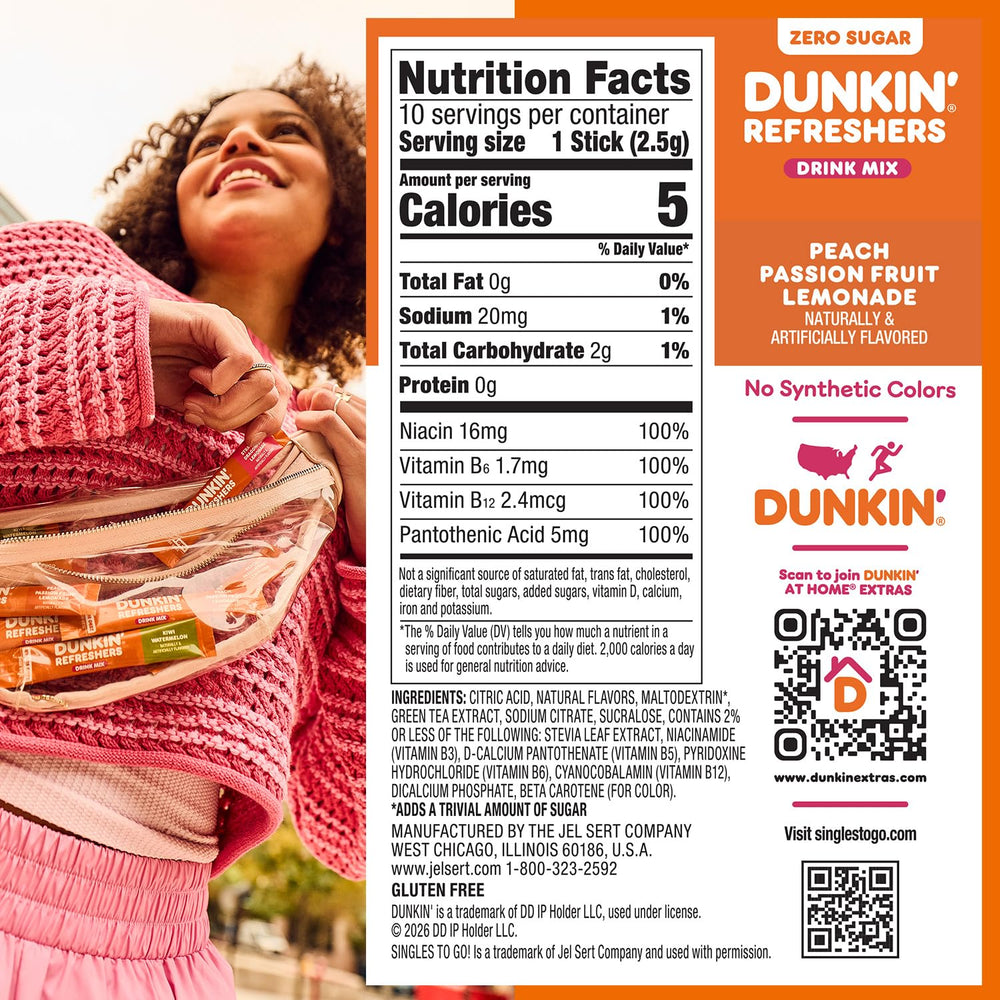SINGLES TO GO Dunkin Refreshers Peach Passionfruit Lemonade packet dissolves quickly in water