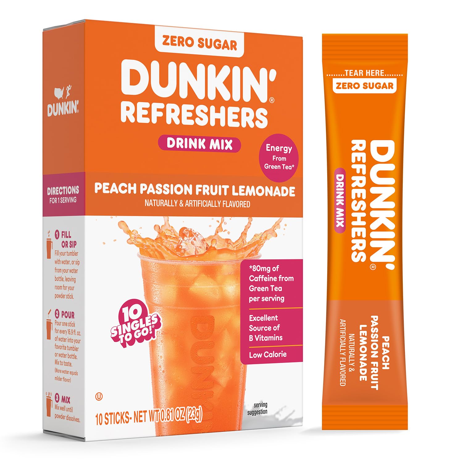 SINGLES TO GO Dunkin Refreshers Peach Passionfruit Lemonade packet for on-the-go flavor
