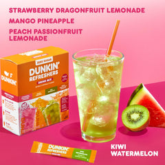 Glass of water with Dunkin Refreshers poured in for a refreshing break