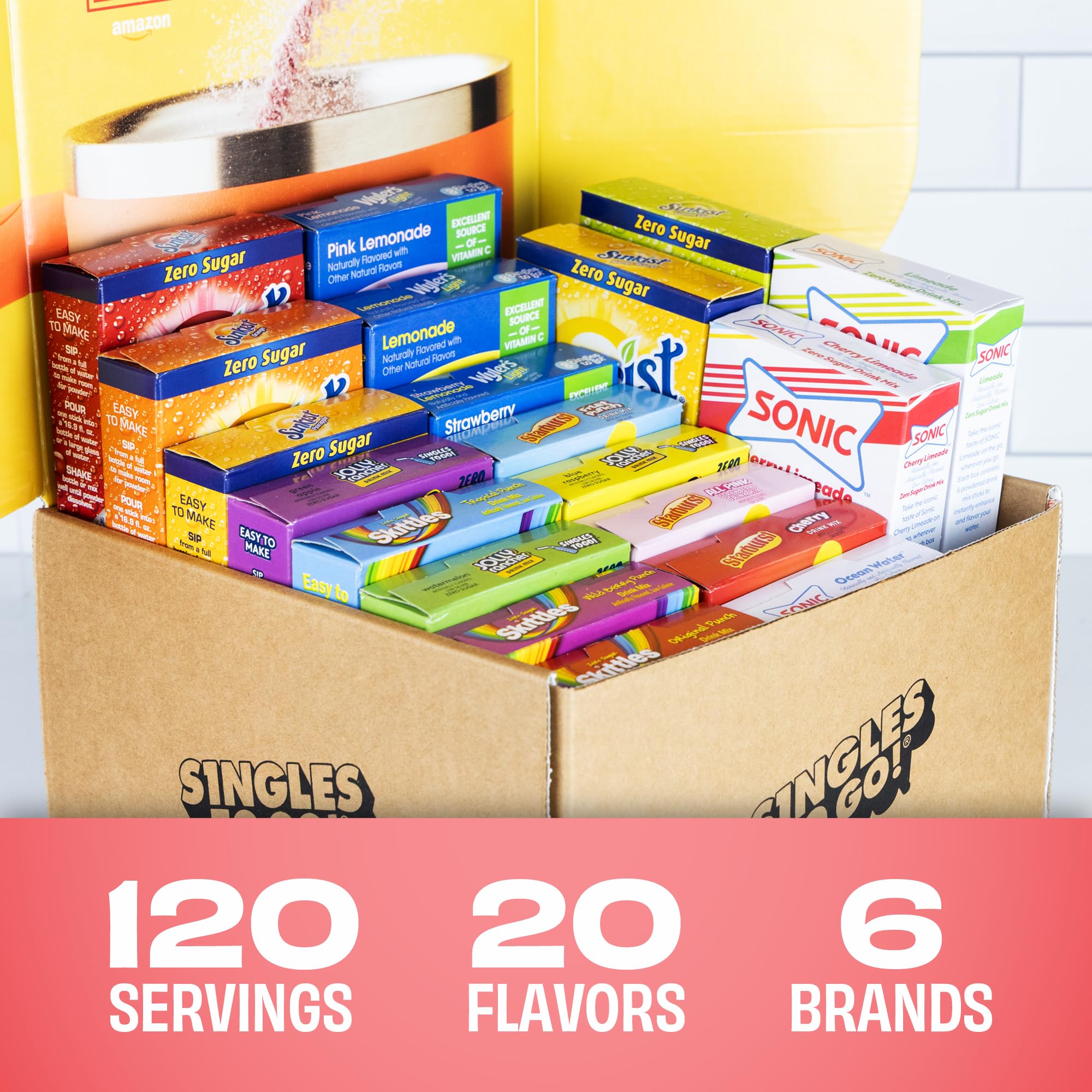 SINGLES TO GO! flavor packets dispensing into water to flavor your drink.