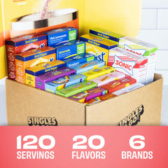 SINGLES TO GO! flavor packets dispensing into water to flavor your drink.