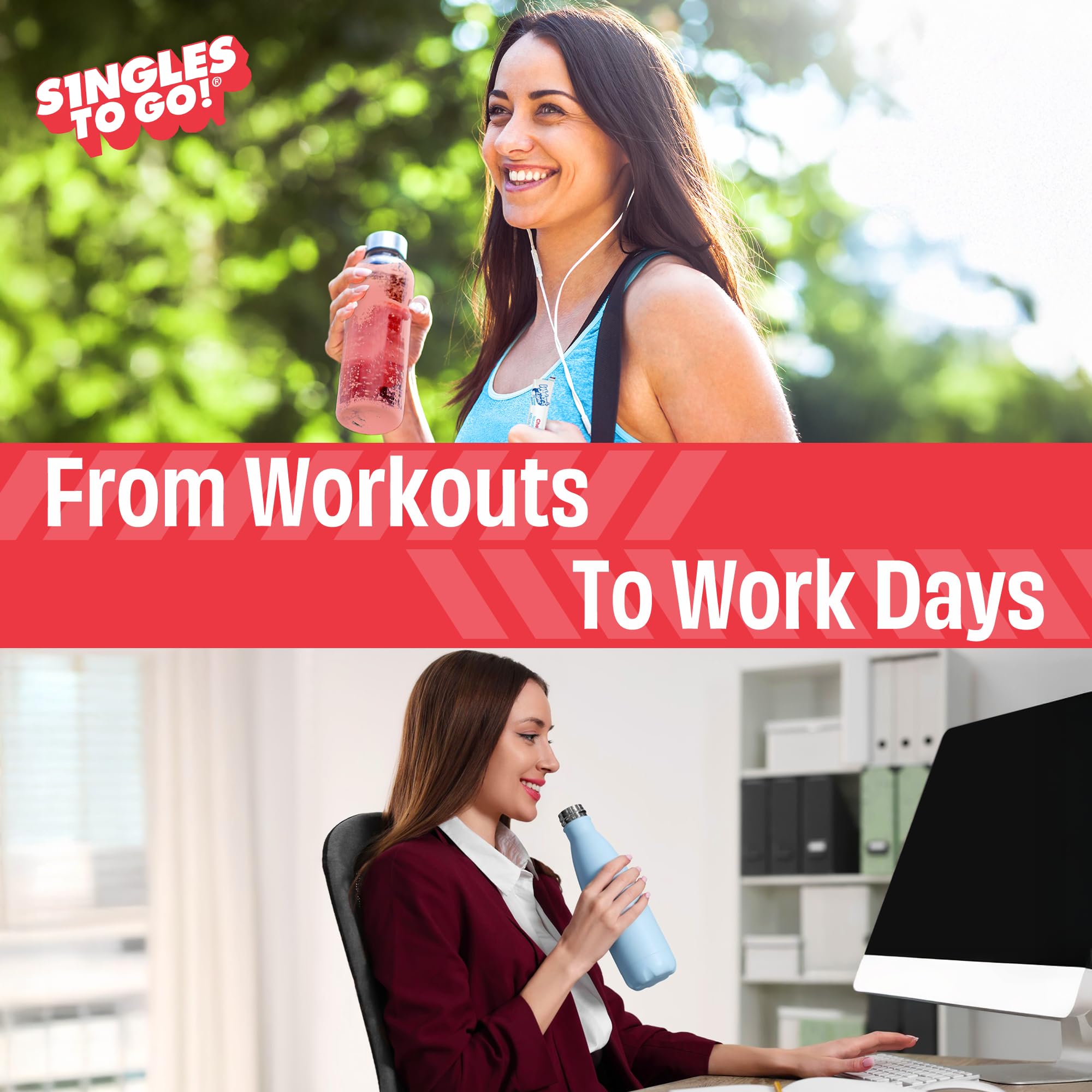 Singles To Go! Glass with flavored water demonstrates convenient hydration on the move.