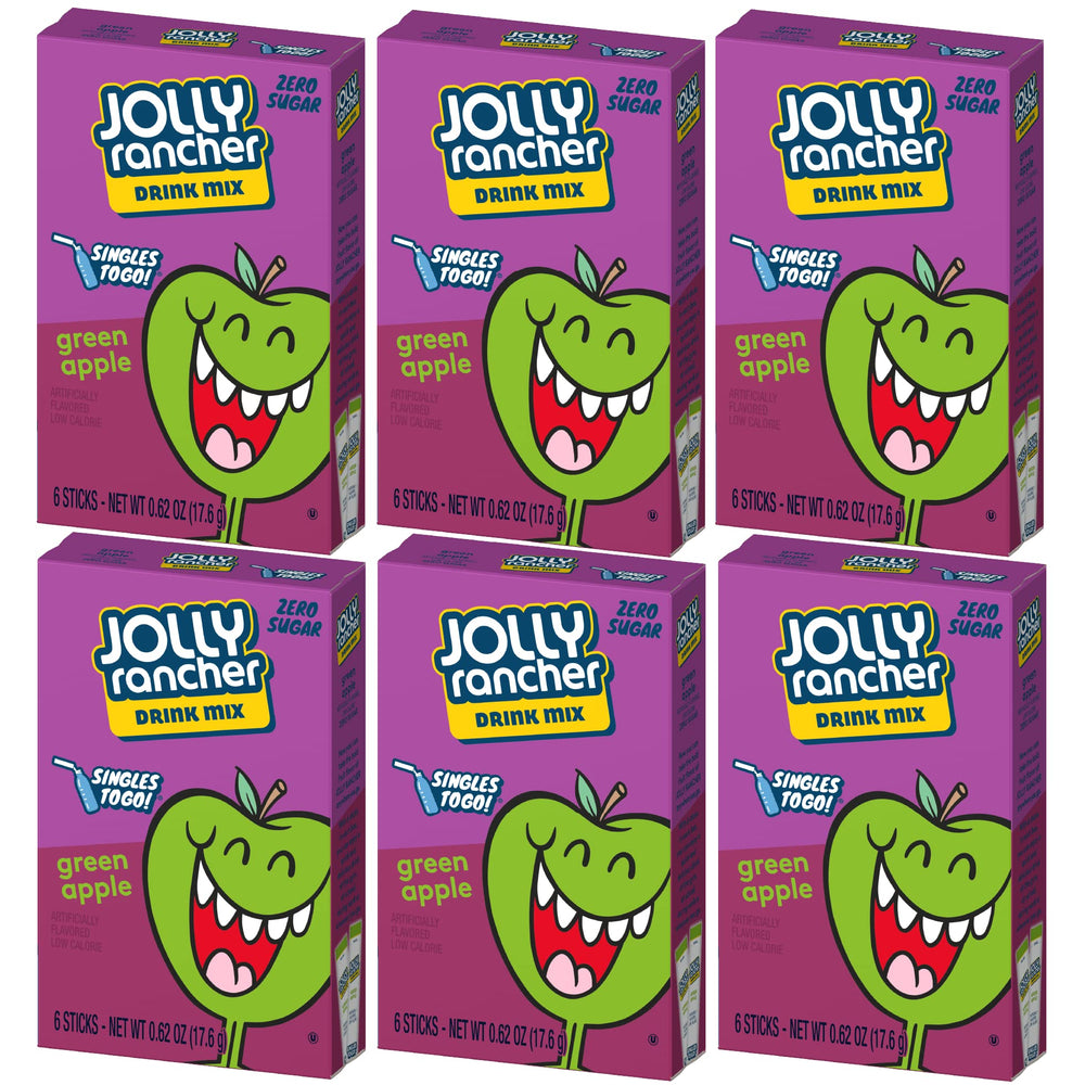 SINGLES TO GO! Jolly Rancher Green Apple boxes shown for quick on-the-go hydration.