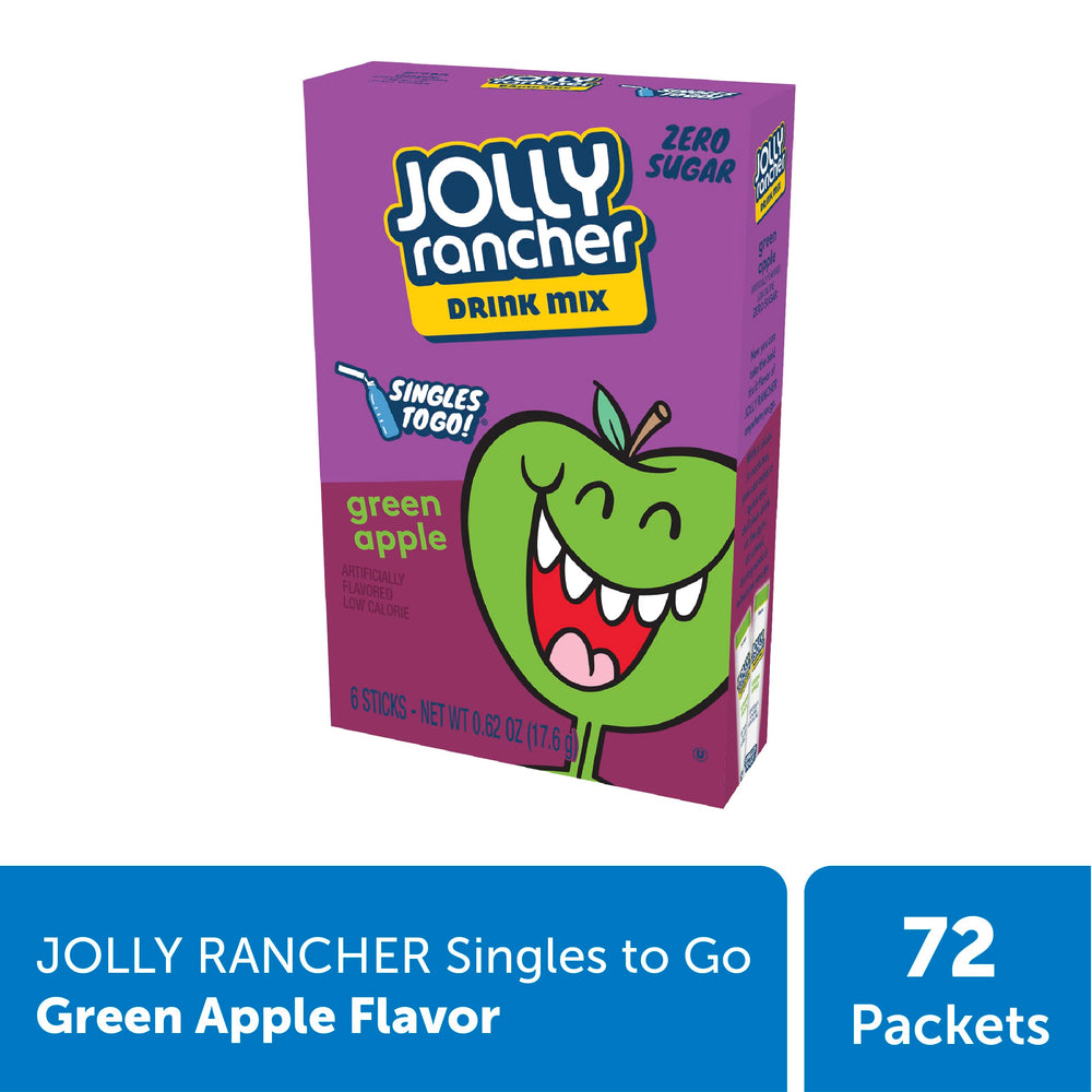 SINGLES TO GO! Jolly Rancher Green Apple packets close-up for easy mix.