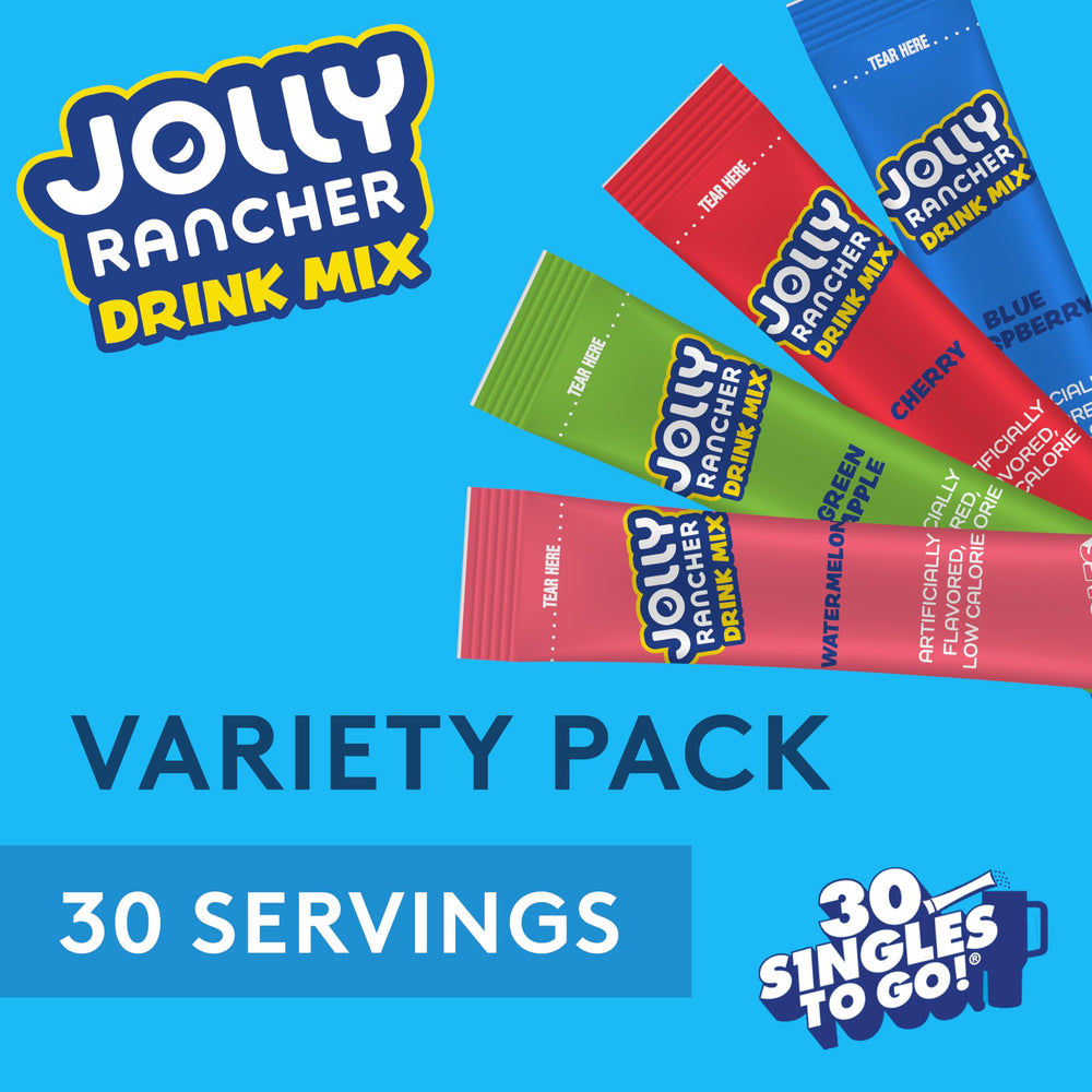 Singles To Go Jolly Rancher Green Apple stick highlights zero sugar and refreshing flavor.