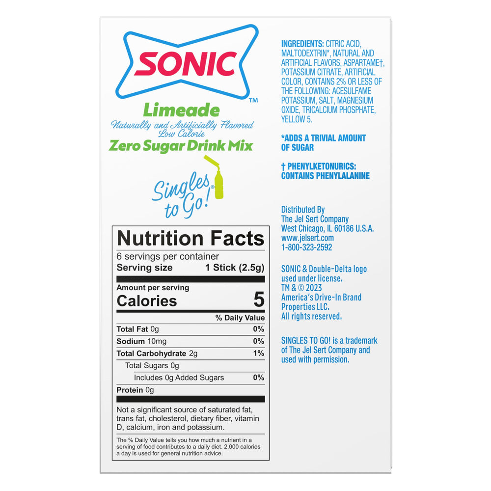 SINGLES TO GO! Limeade packets dissolving in water for a refreshing, sugar-free beverage.