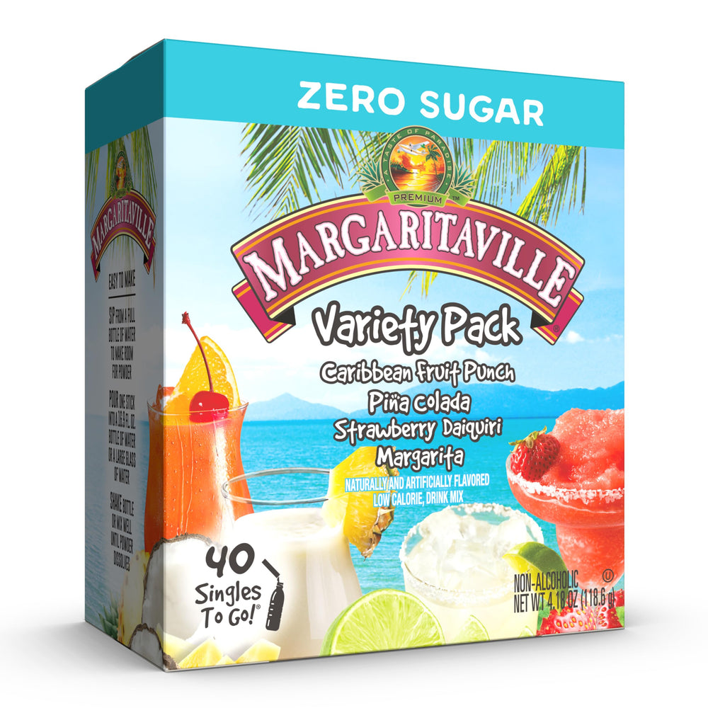 SINGLES TO GO! Margaritaville variety pack box with 40 sticks for on-the-go hydration.