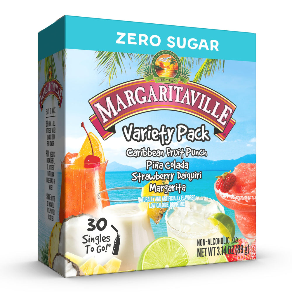 Margaritaville Singles To Go box, tropical flavors for on-the-go refreshment.