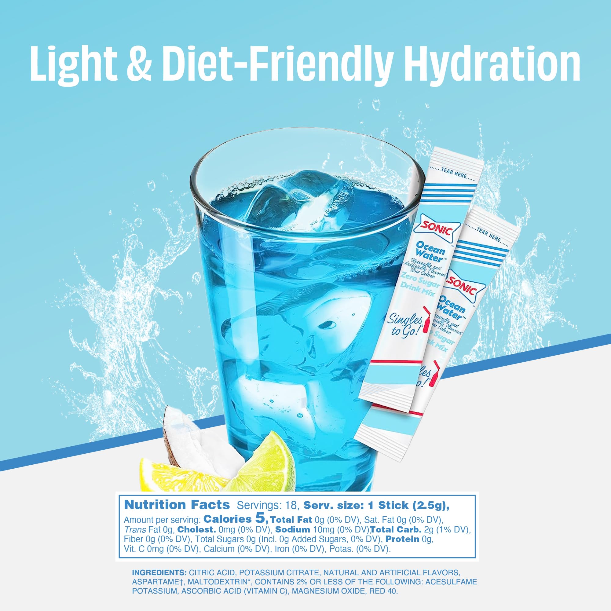 SINGLES TO GO! Ocean Water packets inside box for portable single-serve flavor.
