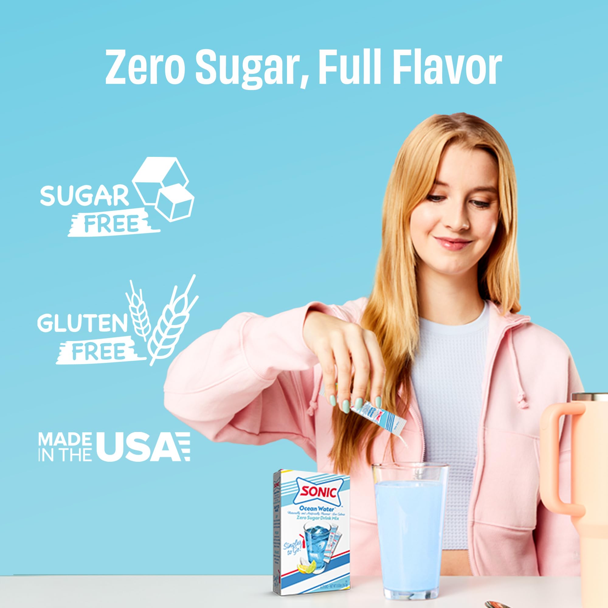 SINGLES TO GO! Ocean Water in a glass showing refreshing ocean-inspired flavor.