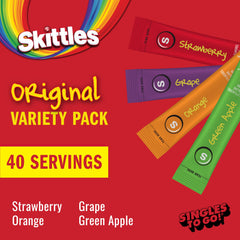 Skittles Singles To Go drink sticks being added to a water bottle for flavor.