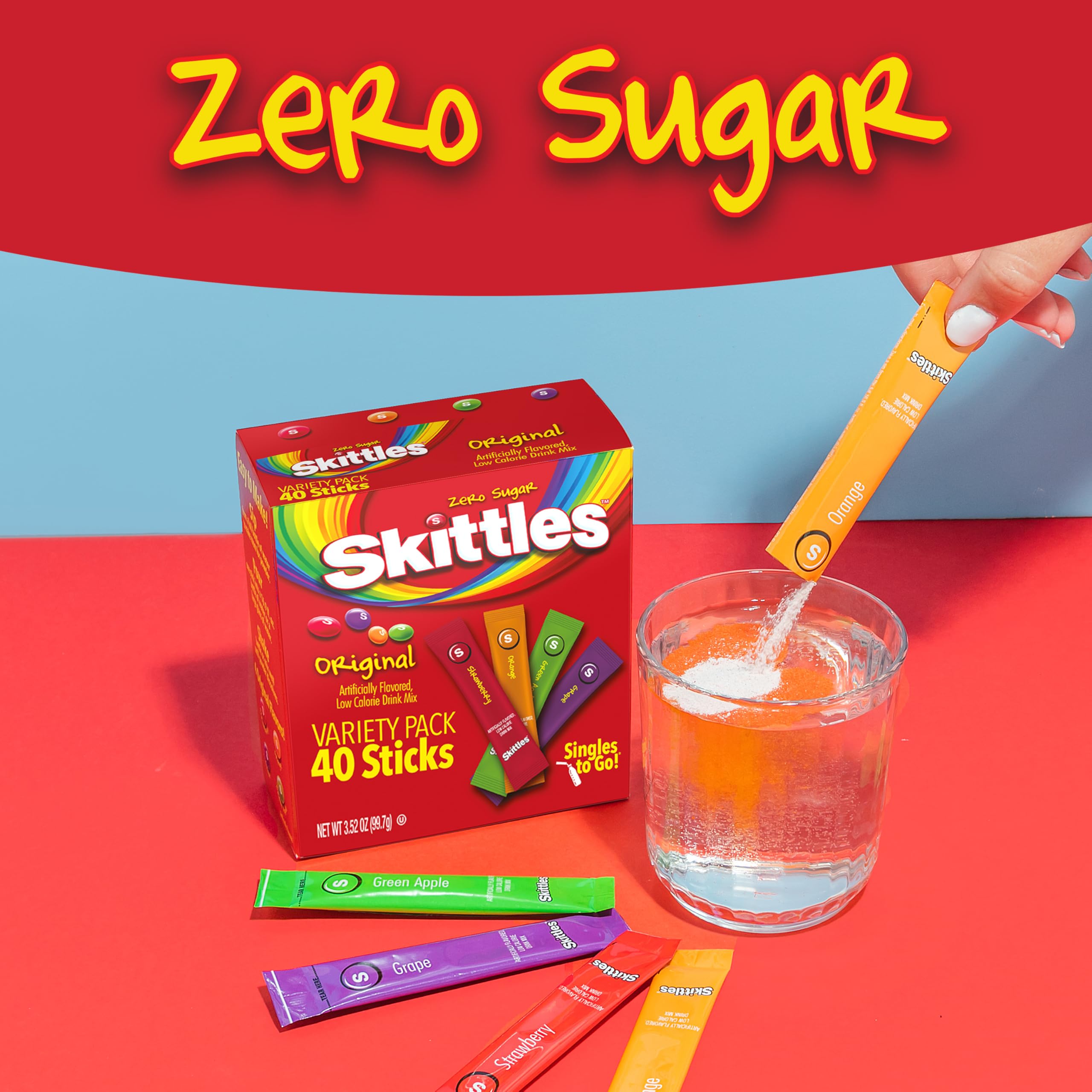 SINGLES TO GO Skittles four flavors display in colorful packaging.