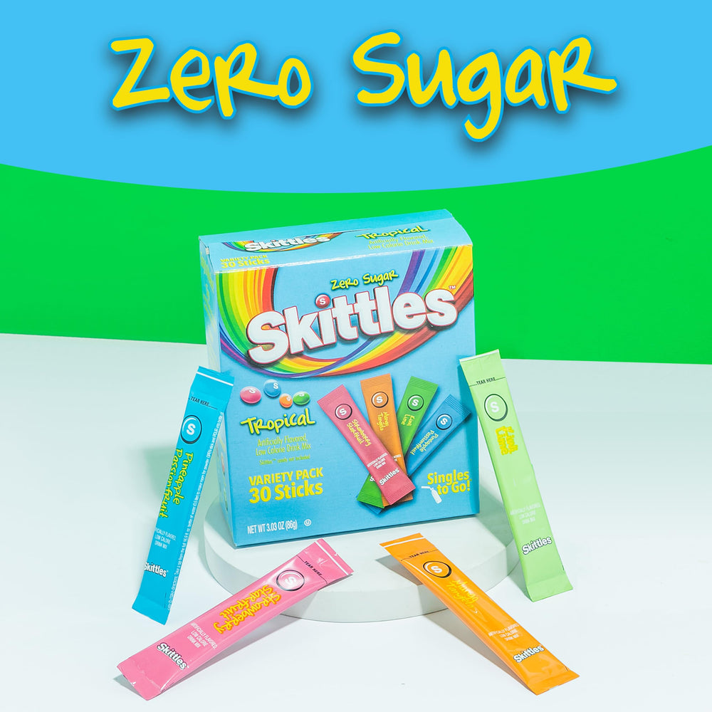 SINGLES TO GO Skittles sticks mix into water for a tasty sip.