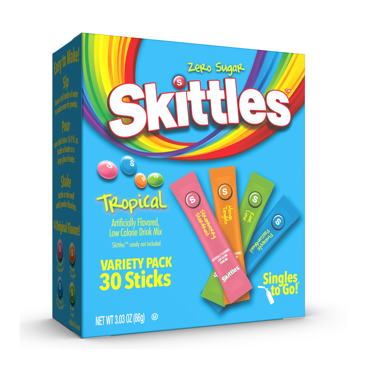 SINGLES TO GO Skittles tropical flavors box for on-the-go refreshment.